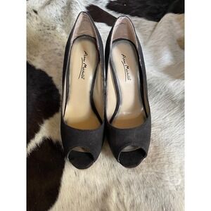Anne Michelle Black Suede Peep Toe Heels Wood Stacked Heel Pumps Size 7‎